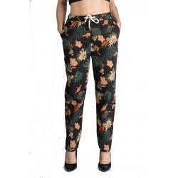 Pantaloni Dama Din Panza Topita Bumbac Cu Siret In Talie,Motiv Floral,Marime Mare